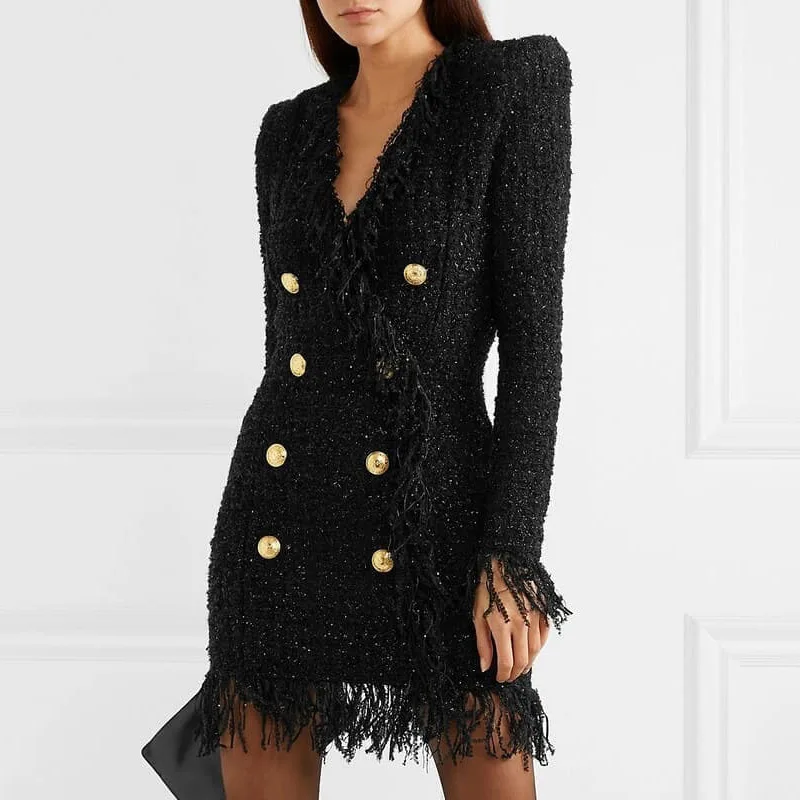 
2021 winter Women v-neck double breasted coat long sleeve tweed blazer dress 