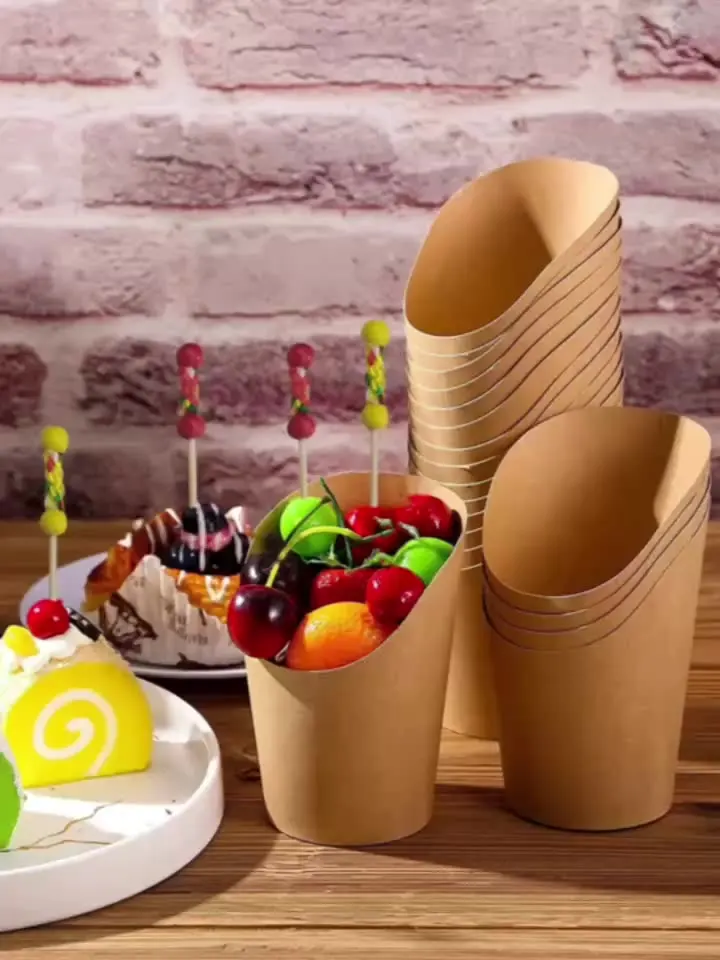 2024 Customization Kraft Paper White Black Egg Puff French Fries Cone Fried Food Bevel Cup