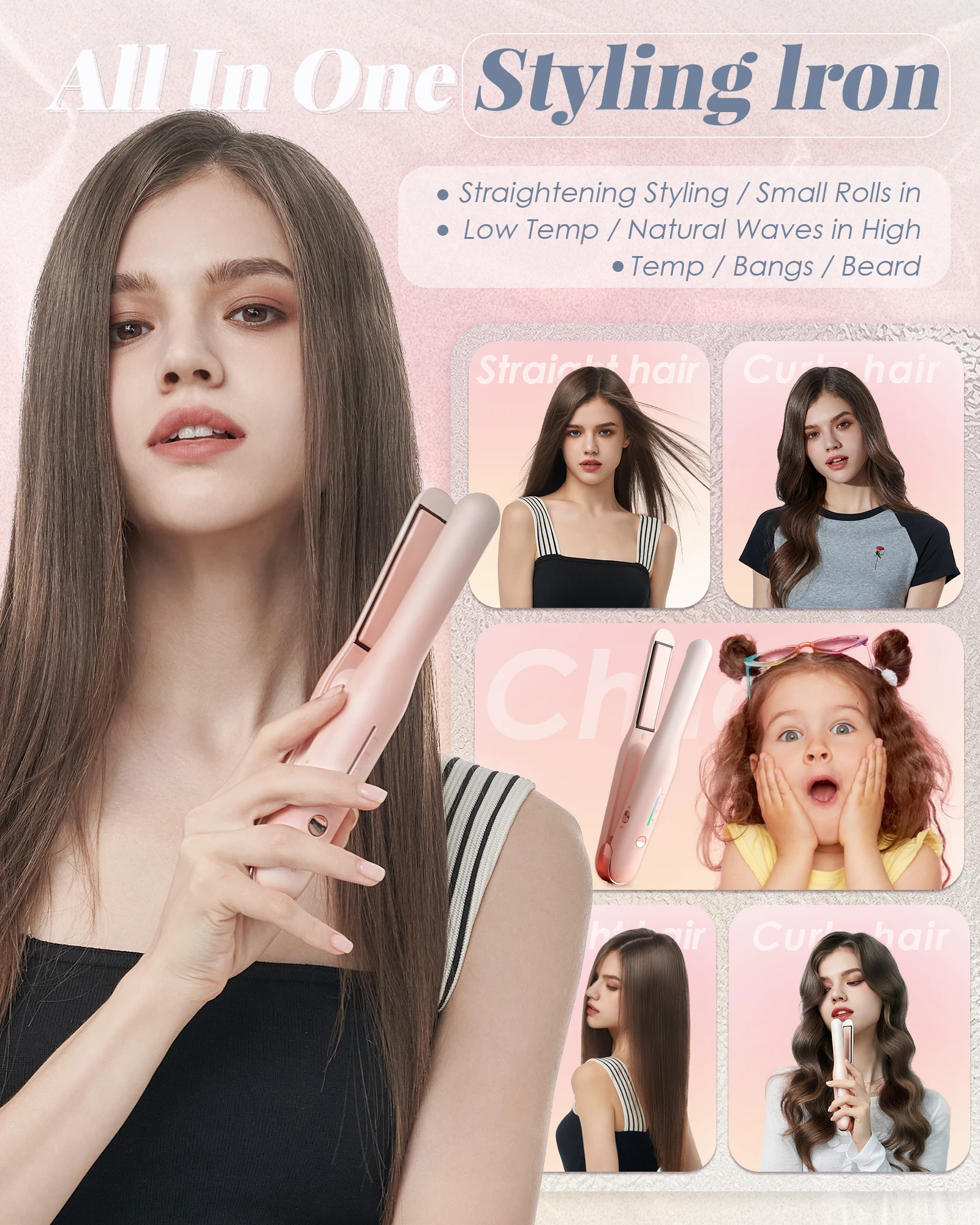 Professional Rechargeable 40w Pink Ceramic Portable Smart Hair Straightener Cordless Tiny Iron Little Flat Irons