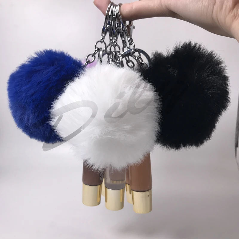 2021 Custom logo Mini Fuzzy Ball clear Lip Gloss Keychain Vendors