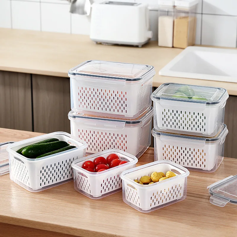 RU Household Refrigerator Fresh-keeping Box Kitchen Drain Basket With Cover Washing Fruit Vegetable Basket Plastic Storage Box