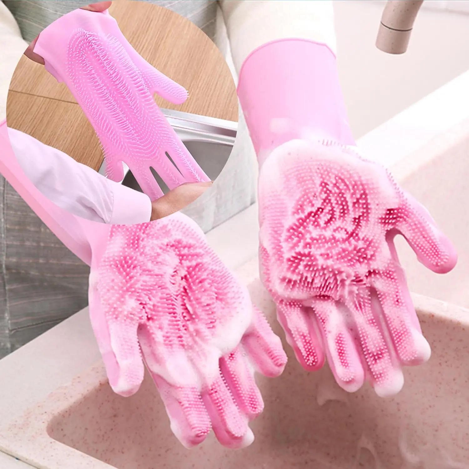 100% Food Grade Silicone Gloves With Wash Scrubber Multi-purpose Kitchen Cleaning Gloves