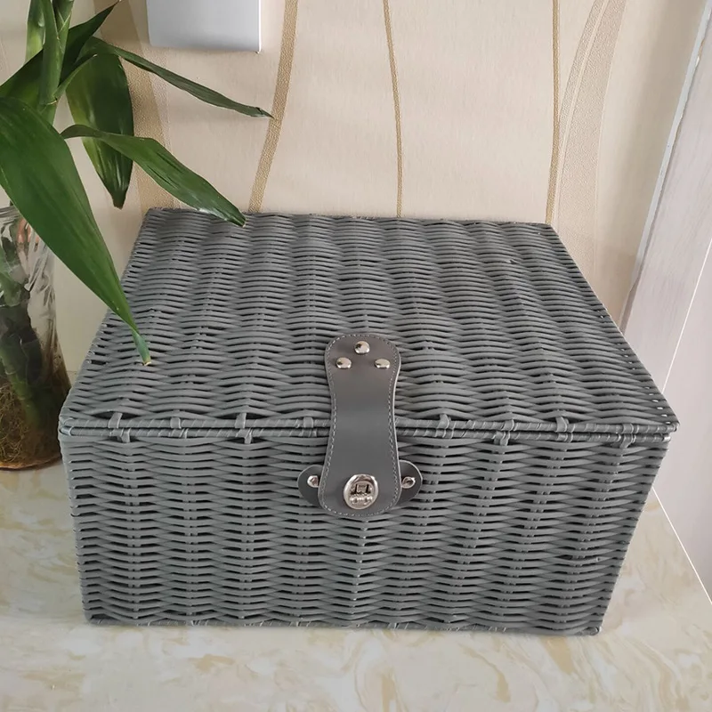 Woven Storage Basket Box Wicker Hamper Stackable Bin with Lid & Lock Built-in Carry Handles