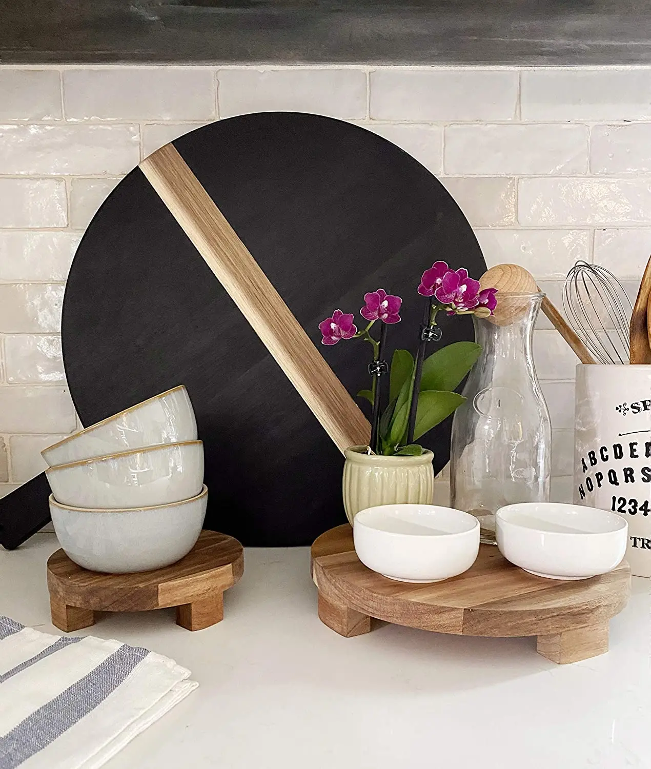 Acacia Wood Round Pedestal Display Plant Riser Stand