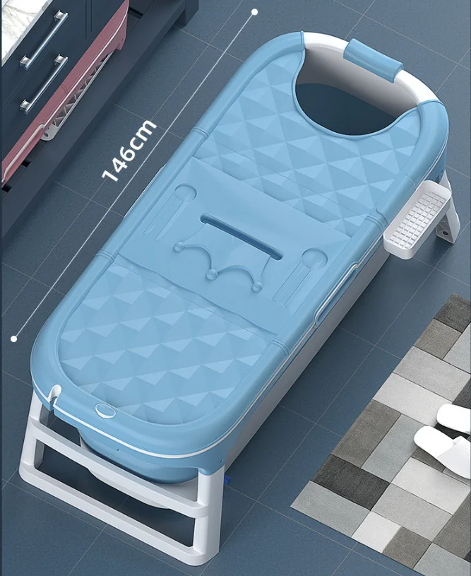 Extra Large Foldable Bath Tub Bathtub for Toddler Children Twins Adult with Cover Handle Drain Hose Blue