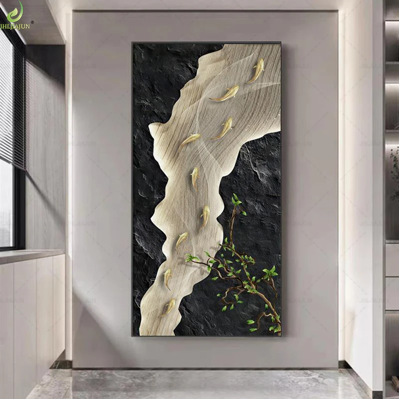 Lucky Nine Fish Luxury Wall Art Crystal Porcelain Diamond Painting Good Luck Metal Fish Home Decor