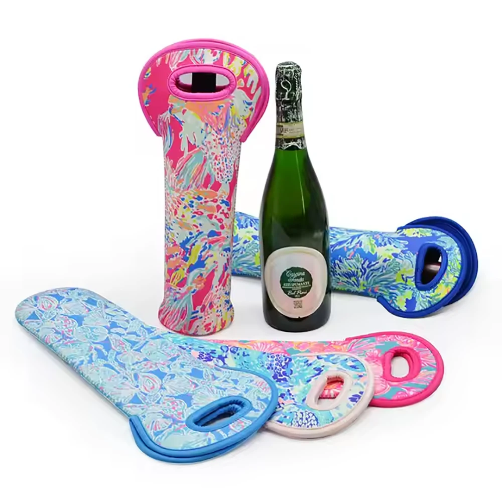 Customized Sublimation Portable Wine Tote Holders Wine Bag Carriers Insulated Neoprene Wine Bottle Holder Cooler