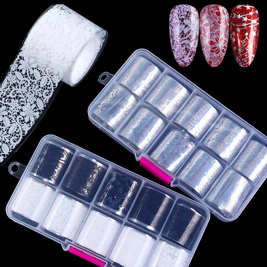 Laser Nail Foil Transfer Stickers Box With Star Paper aps With Black And White Lace Snowflake Nail Foil Remover Wraps