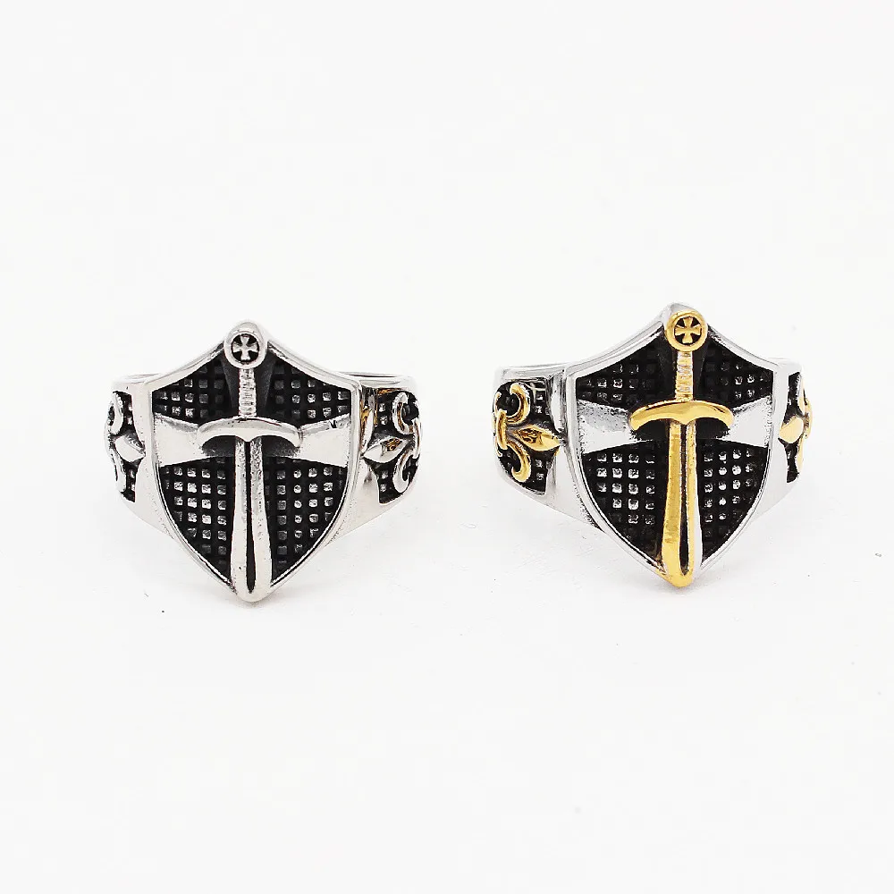 Vintage punk jewelry stainless steel christian shield  cross ring for men