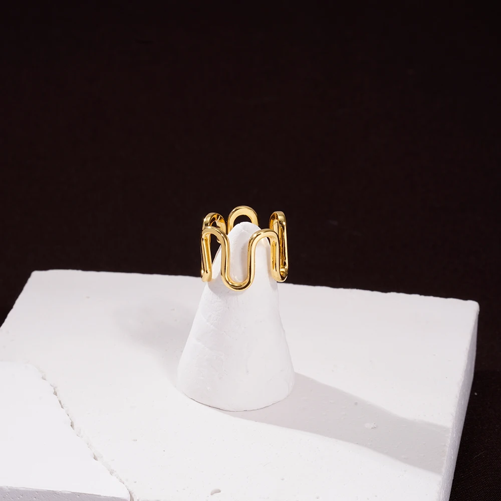 Original Design Jewelry 925 Sterling Silver 18k Gold Plated Unique Big Wave Open Adjustable Rings For Women