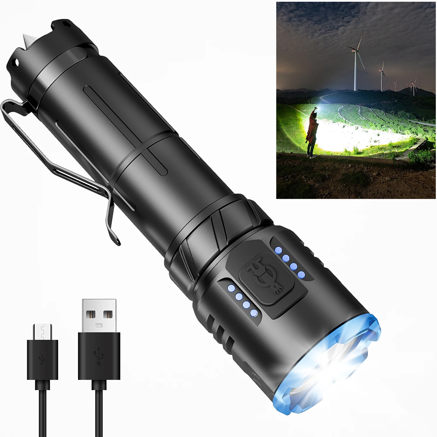 EDC Flashlights with Clip, 5 Modes Rechargeable Bright Small Torchlights 1200 LM Portable with Hammer for Camping Hiking