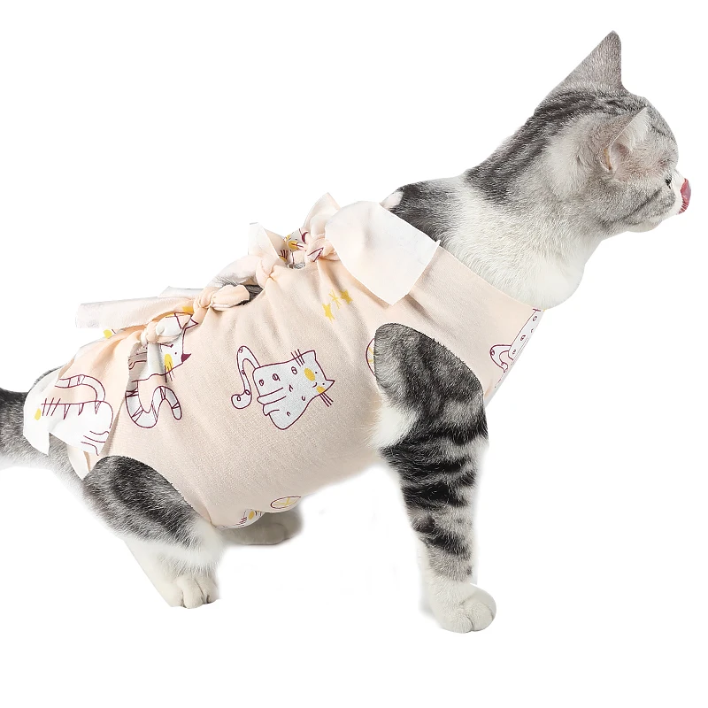 
M Size Cotton Pet Surgical Cat Abdominal Recovery Suit For Cats With Lace Up 