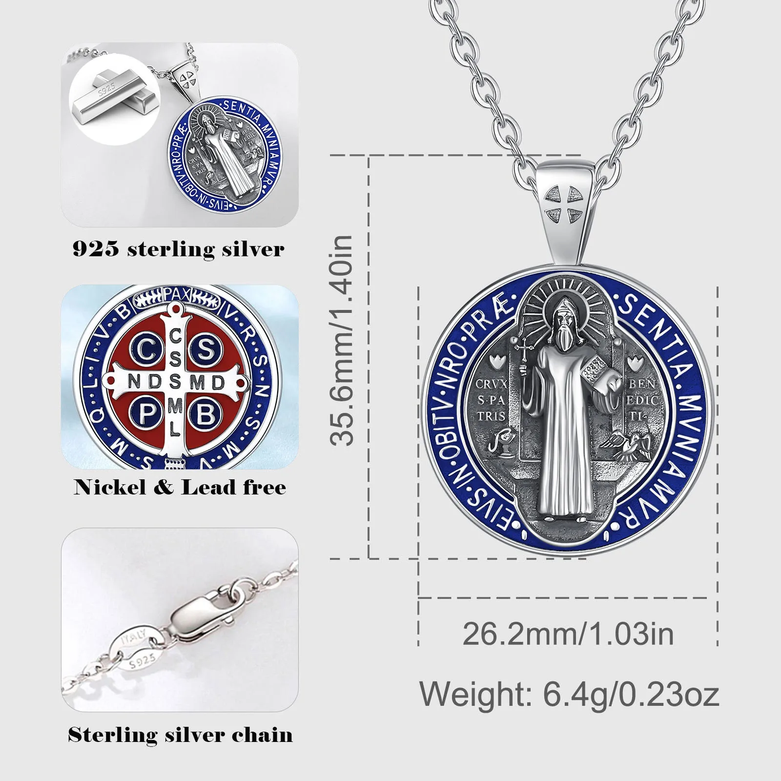 Changda blue enamel men 925 sterling silver amulet jewelry 3d religious pendant protectionsaint st benedict medal necklace