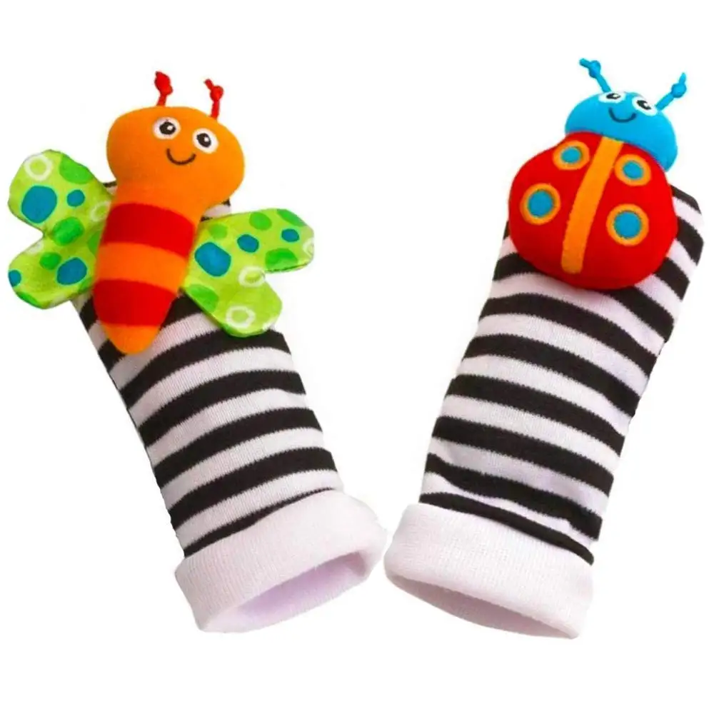 Custom Cute Animal Soft Baby Finding Socks Plush Toys Wrist Rattles And Foot Finders For Fun Butterflies And Lady Bugs Set 4 Pcs