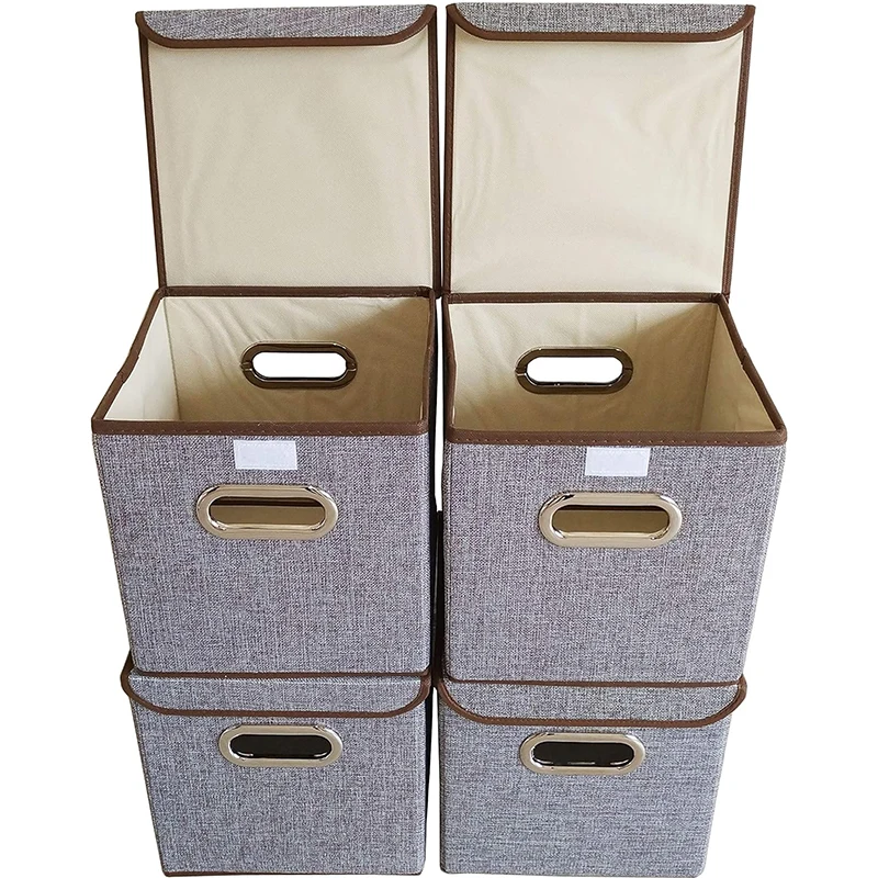 Set of 4 13 inch Linen Fabric Foldable Container with Lid Collapsible Organizer Boxes Cubes storage bin office desk organizer