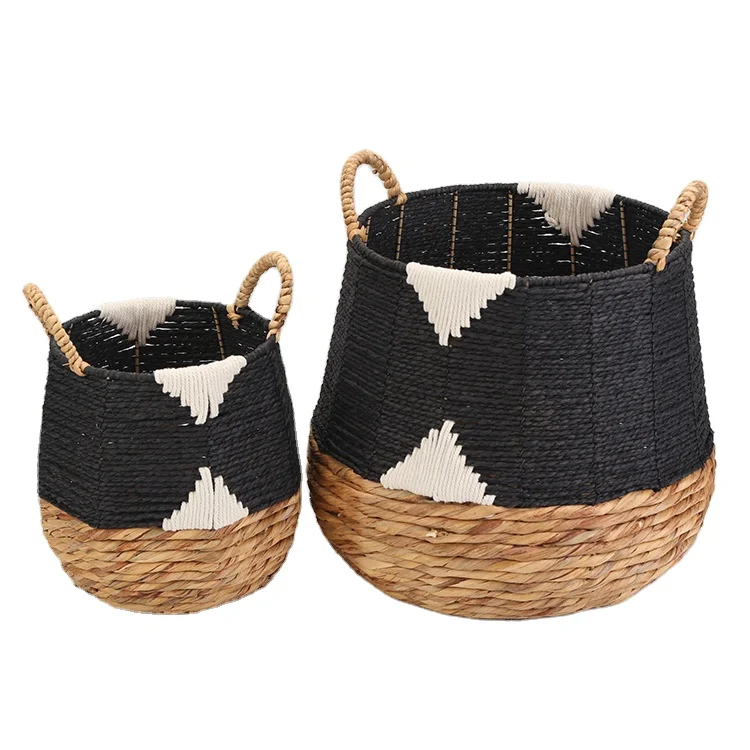 Handmade basket with hand- woven basket natural, black and white - rectangular box with 2 handles