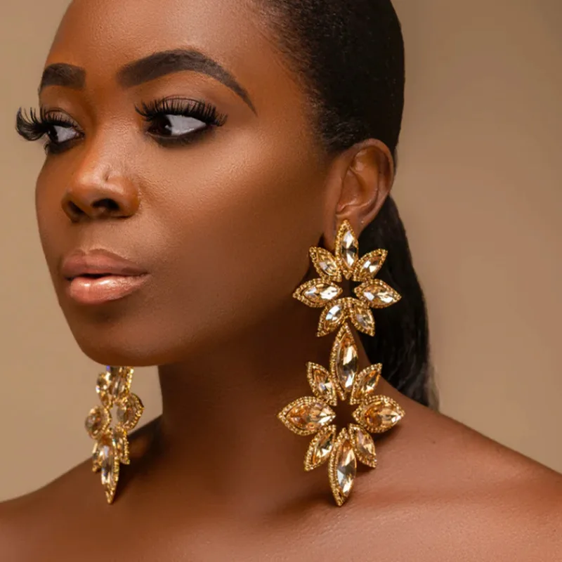 Fashion 2024 Exaggerated Oversized Flower Drop Earrings Jewelry For Women Luxury Crystal Geometric Big Large Dangle Earrings