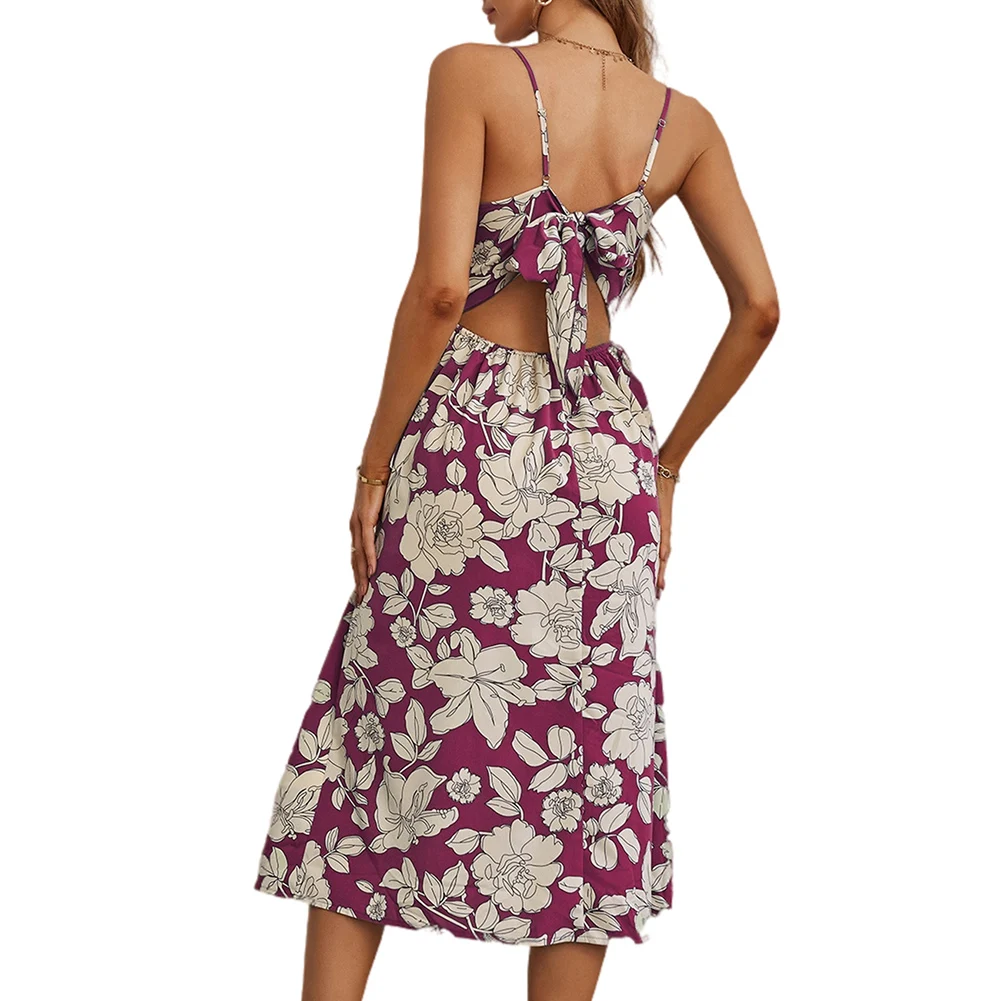 Women Modern Clothing Midi Dress Button Decoration Floral Pattern Slip Sweet Dress