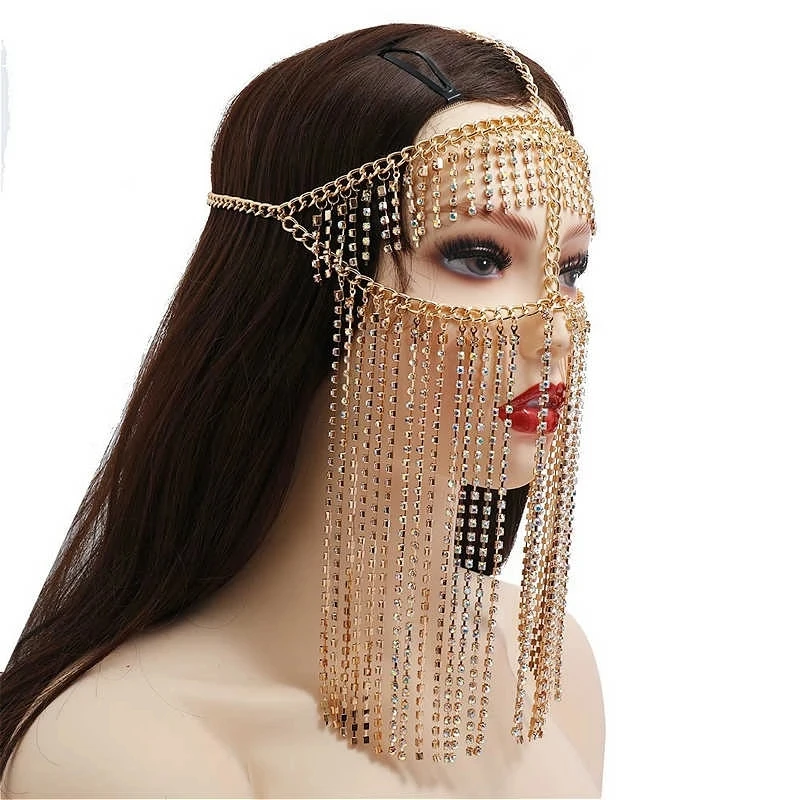  Rhinestone Chain Tassel Facemask Face Jewelry Women Mardi Gras Head Dance Performance