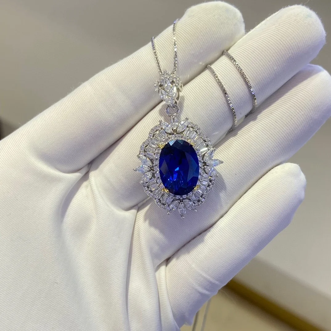 Fine Jewelry 925 Sterling Silver Necklace For Women Colored Gemstones 10*14mm Oval Shape Sapphire Pendant Necklace