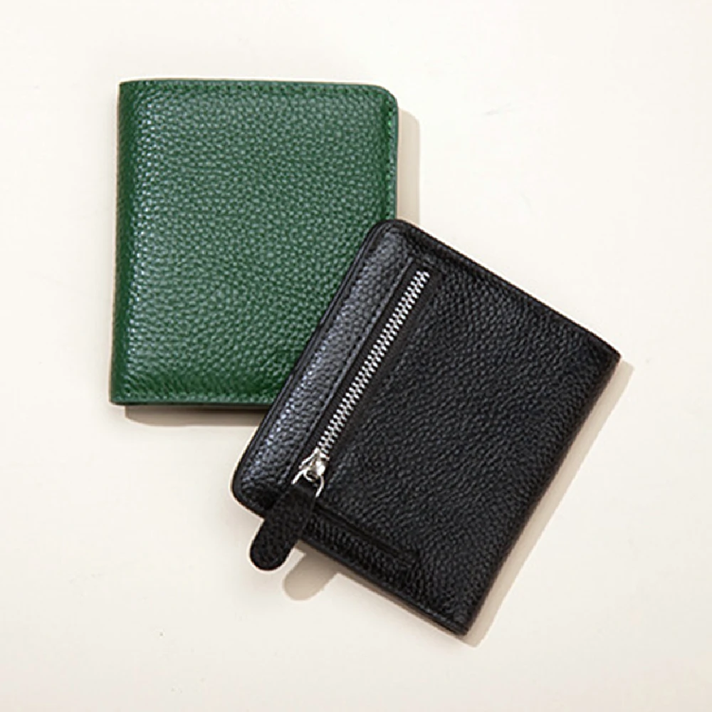 In Stock Multi-Slots RFID Genuine Leather Card Holder Wallets with Zip Pocket Anti-Theft Short-Length Bifold Card Wallet