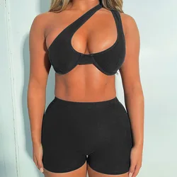 KX-K21ST717 New design solid color summer sets for women clothing hollow one-shoulder shorts casual suit two piece sets 2022