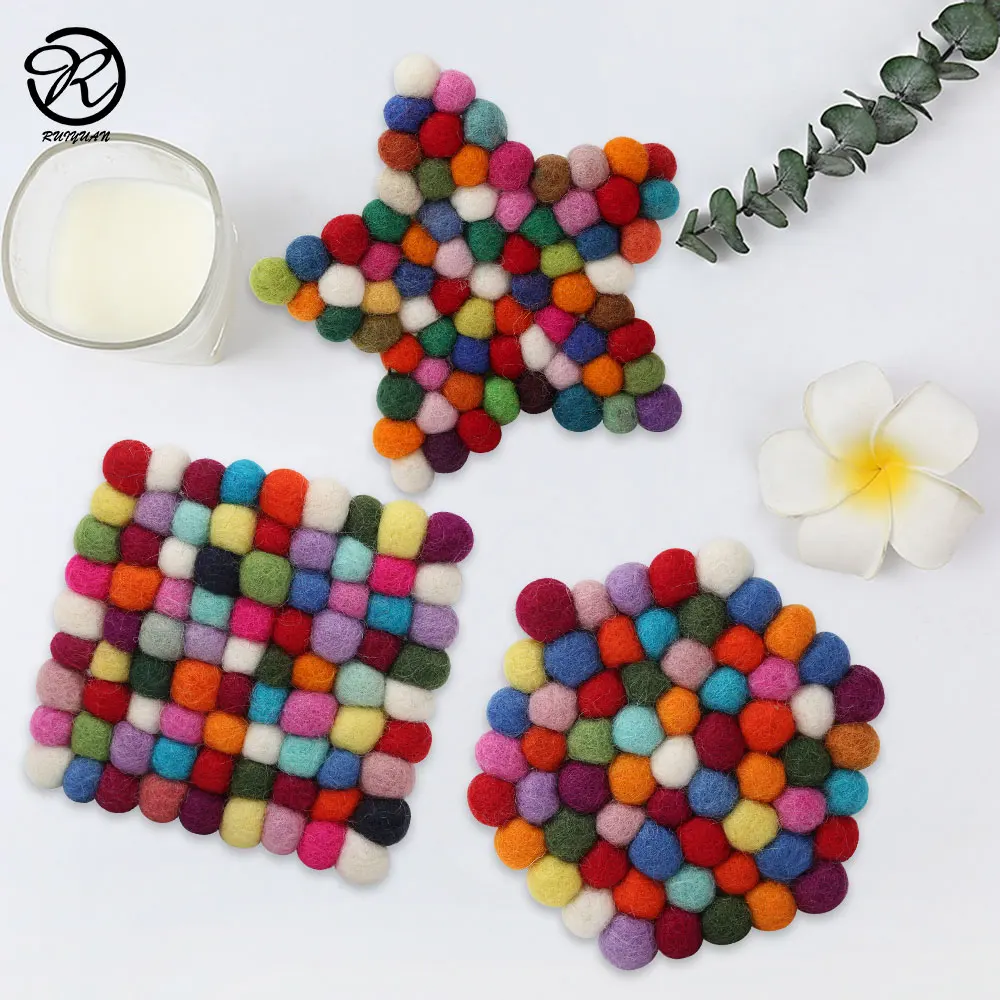 New Zealand Wool Felt Ball Round Coaster Handmade All Shape Felt Ball Coaster For Cup