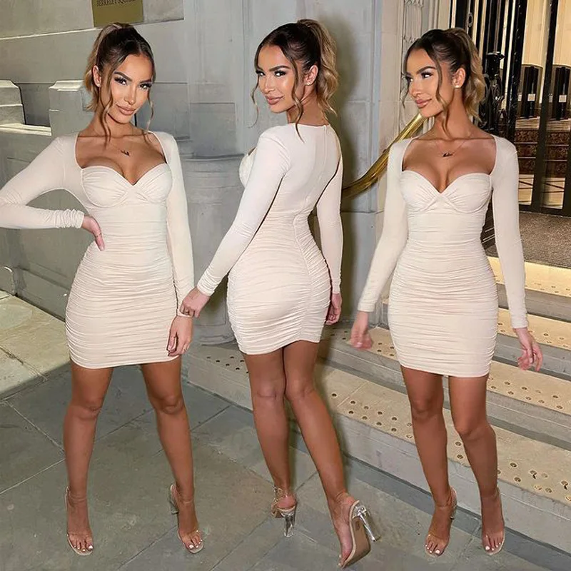 Custom Apparel Women Spring Elegant Sexy Mini Plain V Neck Long Sleeve High-Waisted Fashion Womens Bodycon Dress