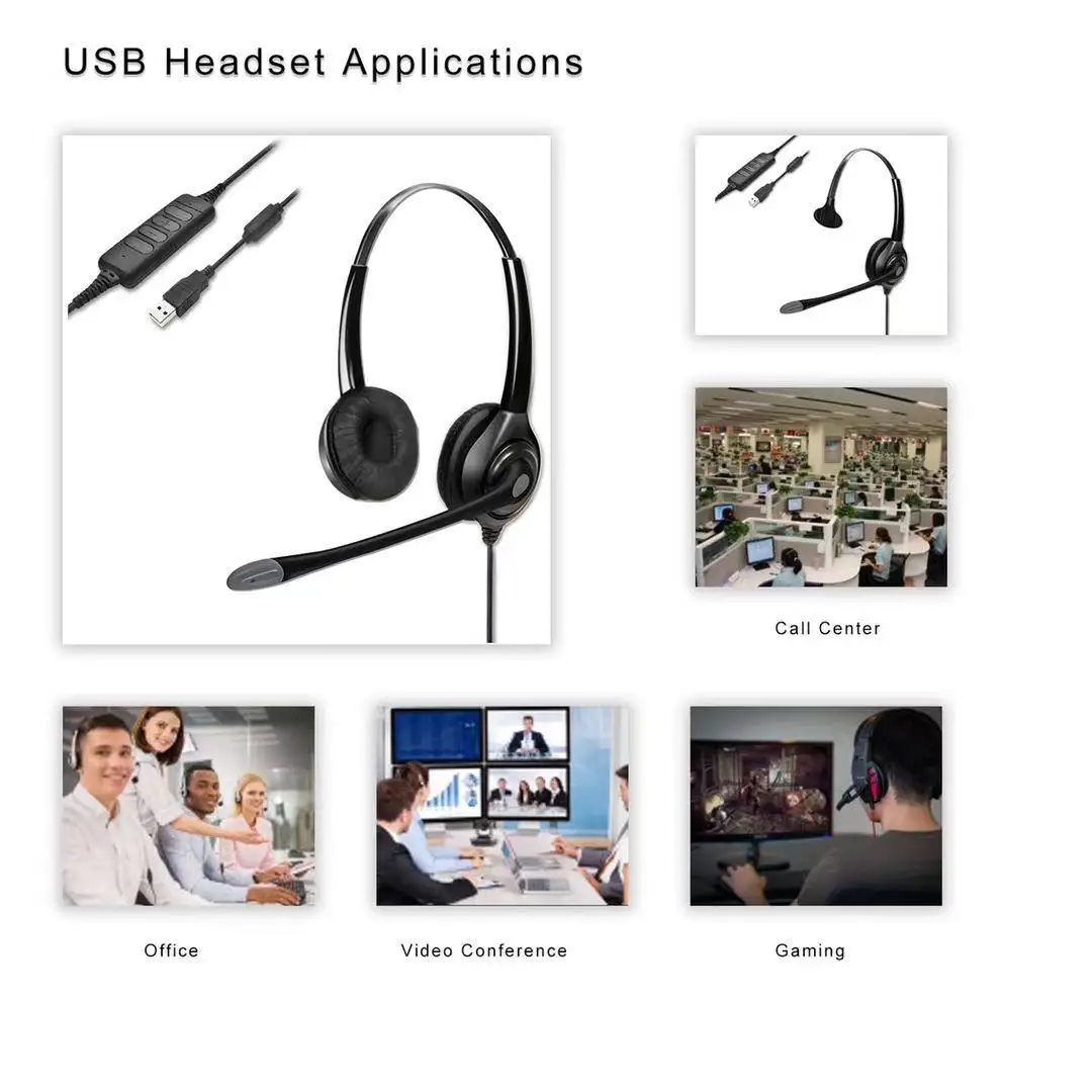 Компьютерная USB-гарнитура для колл-центра с шумоподавляющим микрофоном регулировкой громкости и переключателем