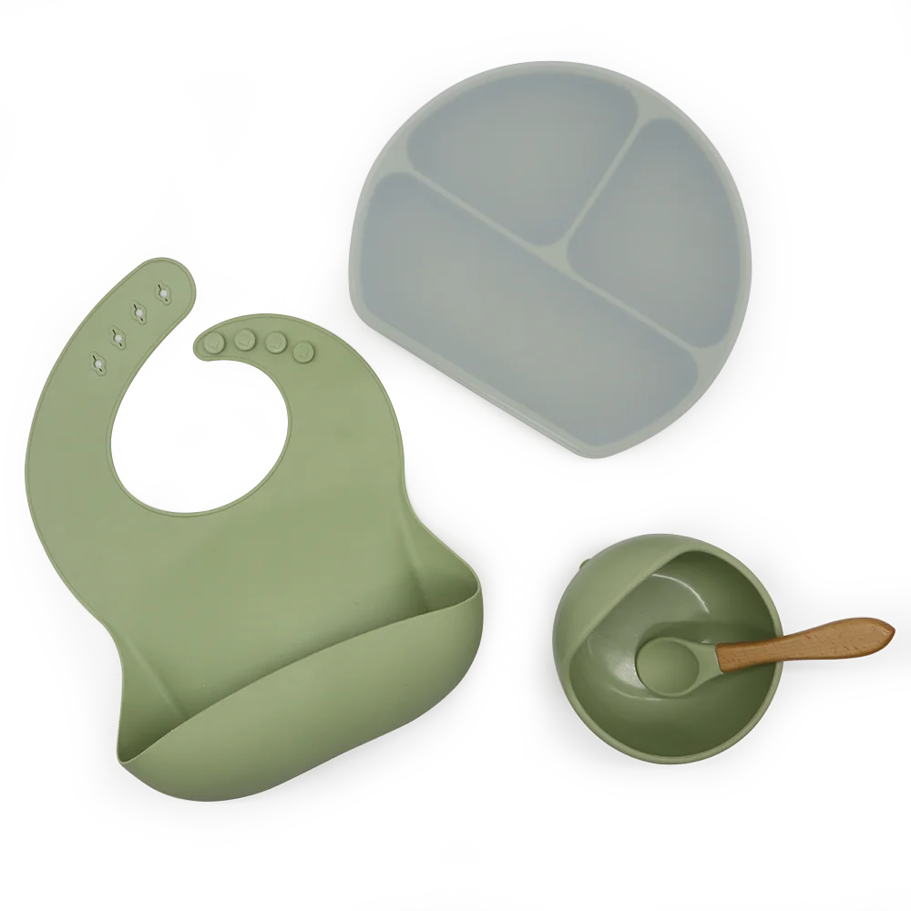 Baby Led Weaning Feeding Supplies Toddler Waterproof Bib Silicone Plate Spoon And Bowl Bpa Free silicone baby feeding sets