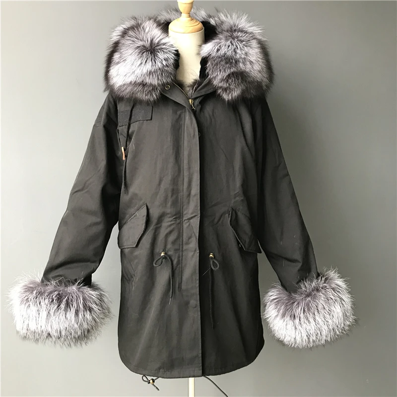 2019 Wholesale Winter Detachable Real Rex Rabbit Lining Parka Fur Hood Fur Jacket Parka Long Silver Fox Fur Parka