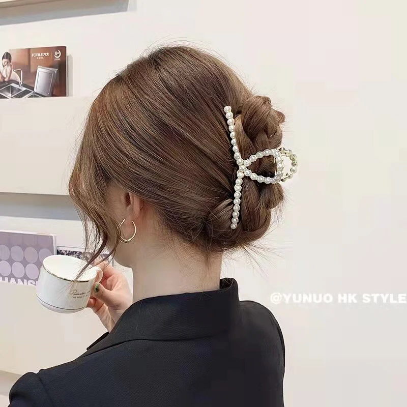 new hot selling luxury large rhinestone pearl hair claw thick hair high quality gold alloy lady hair claw clips