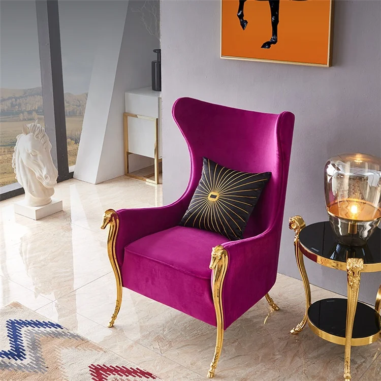 Noble Design Single Sofa Chair Rams Head Decor Pure Copper High Back Chrome Gold Finish Genuine Leather Wood Home Furniture