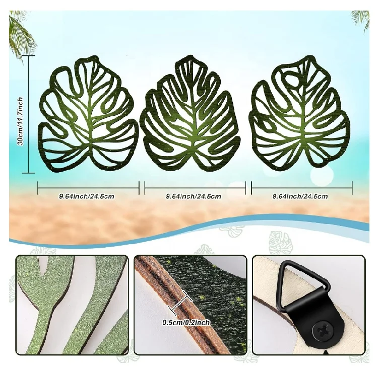 Wood Hanging Sculpture Vintage Tropical Plant Plaque Wall Art Wooden Palm Leaves Plant Wall Decor for Home  Room Office