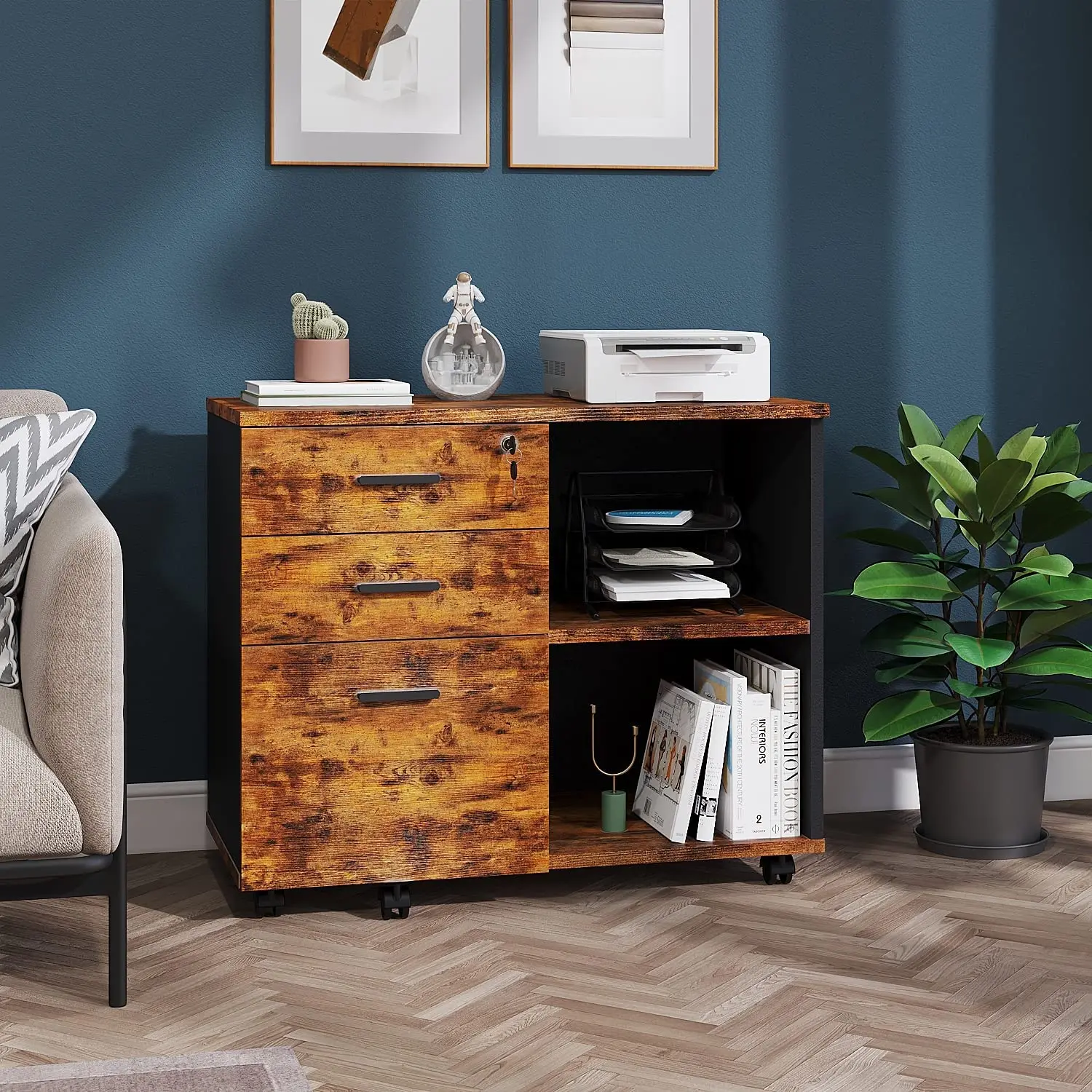 Wood File Cabinet, 3 Drawer Mobile Lateral Filing Cabinet On Wheels, Printer Stand with Open Storage Shelves for Home Office