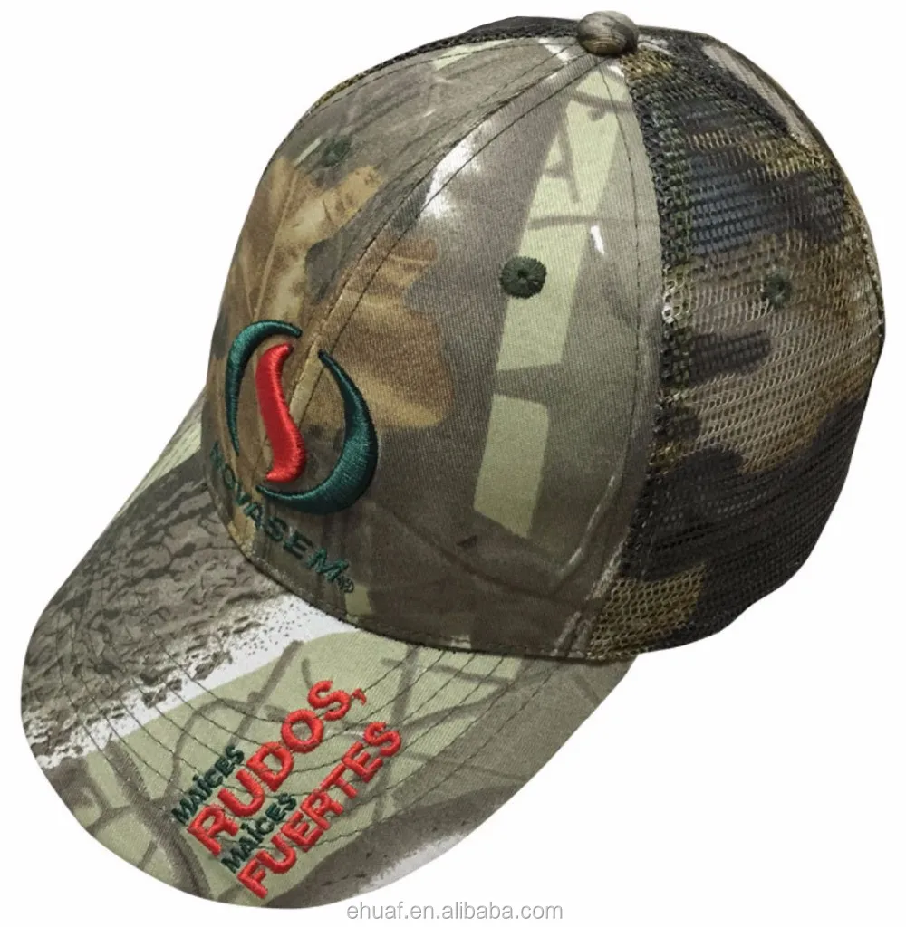 6 panel constructed cotton real tree leaf green camo mesh customize embroidered trucker hunting cap