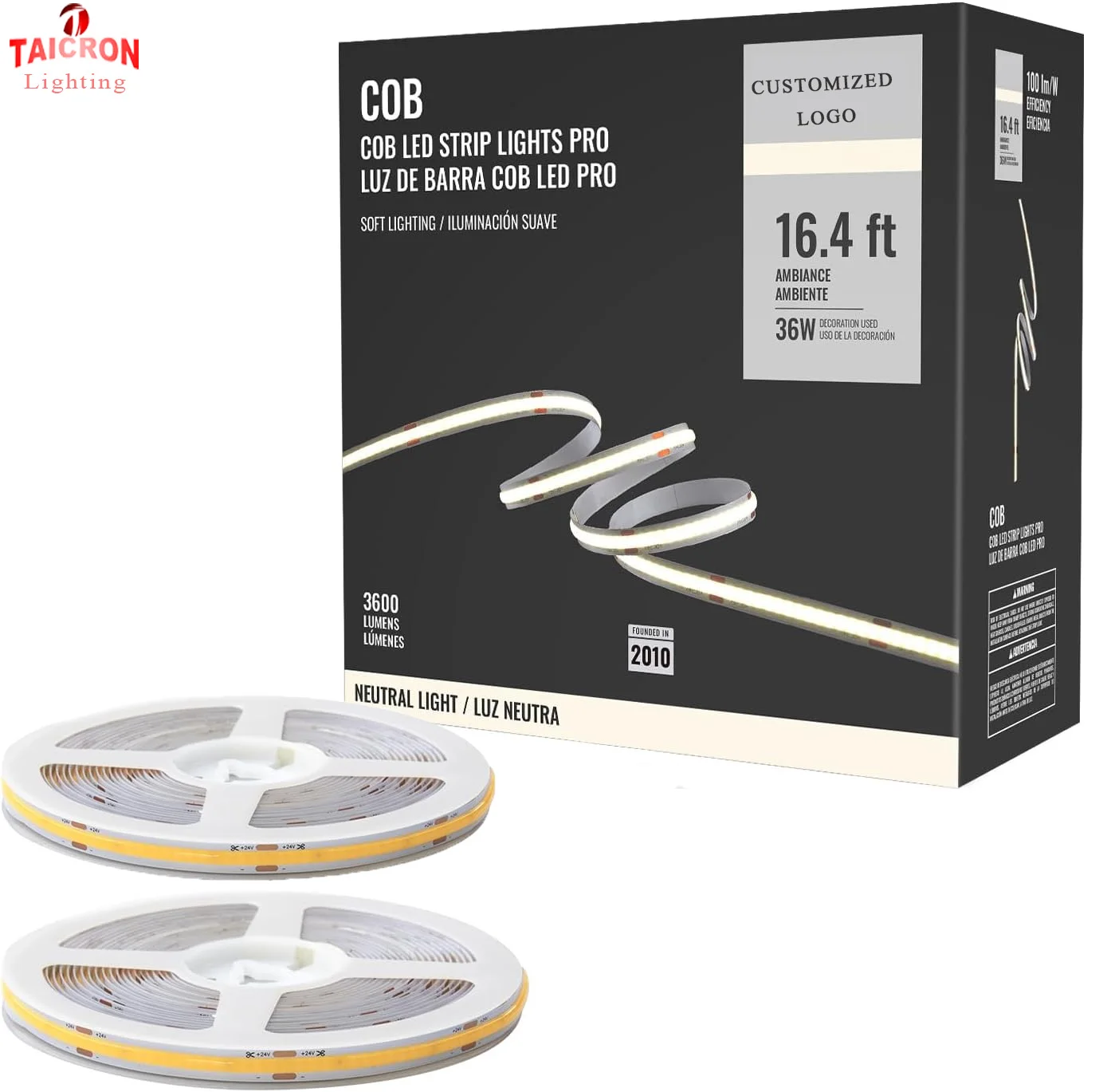 Warm White 32.8ft 3000K 24V Premium High Density 3200LEDs Ra 90+ 12W/M UL Listed for Cabinets Shelves COB RGB LED Strip