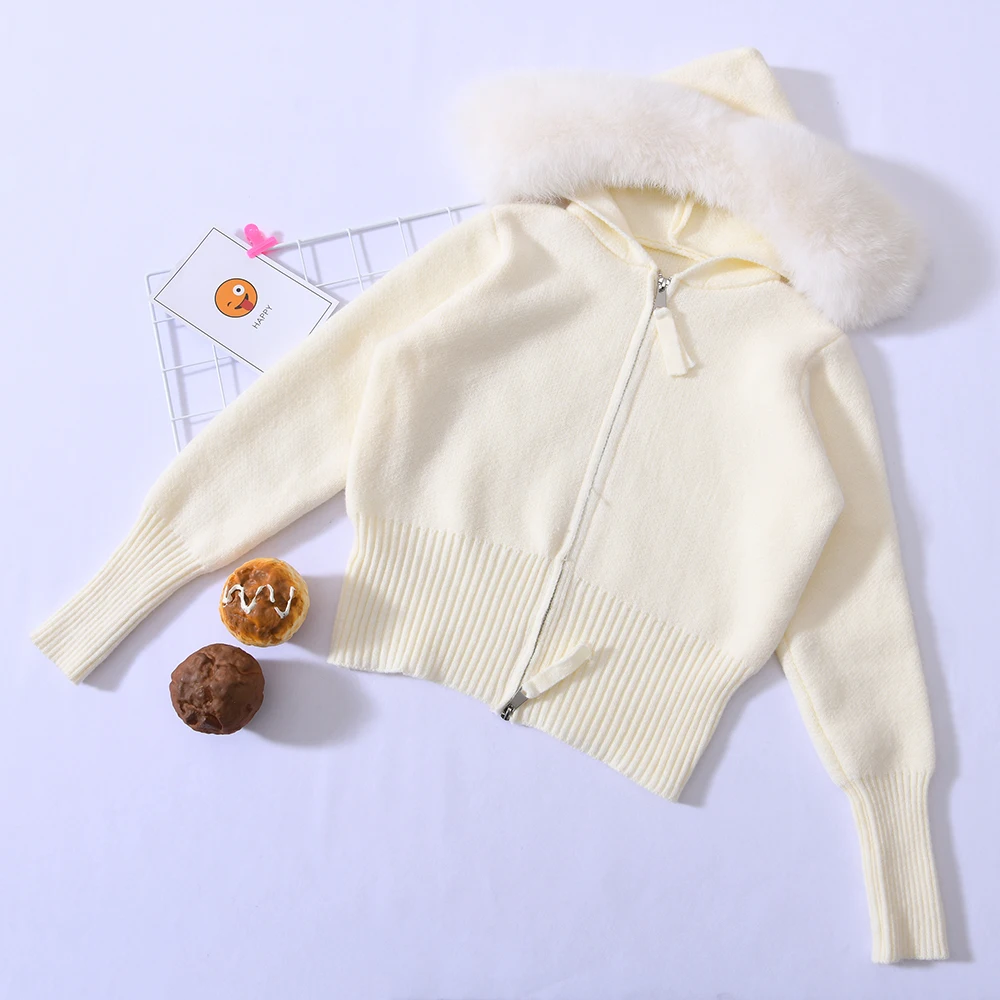Wholesale Children Hooded Sweater Cardigan With Removable Real Fox Fur Collar Zipper Design Spring Kids Knitted Sweater