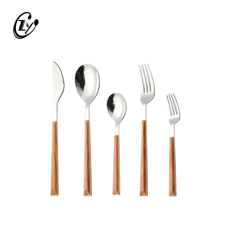 
High Quality Plastic Abs Wooden Grain Handle Flatware Stainless Steel 18/10 Cutlery Set With Black Handle 