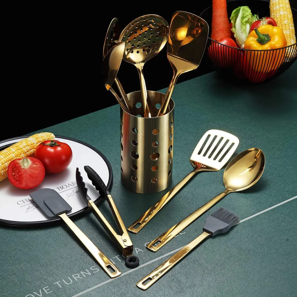 Gold Cooking Utensils Set Stainless Steel 13 Pieces Kitchen Utensils Set With Titanium Gold Plating Kitchen Tools Set