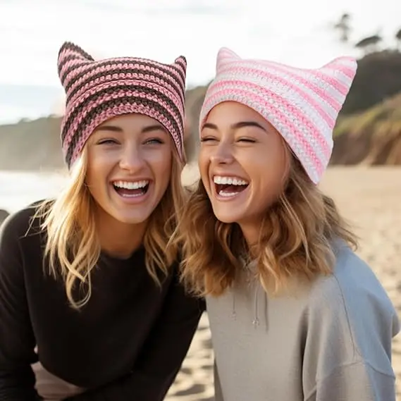 Wool Beanie Slouchy Knitted Hat with Customizable Size LOGO Cute Cat Ear Warm Super Soft Striped Women's Winter Dobby Unisex