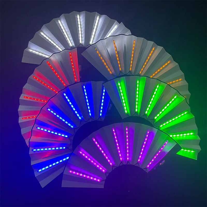 Stock Colorful 13ins Led Hand Fan Folding Light Up Bamboo Decorative Rave Flash Fan For Party