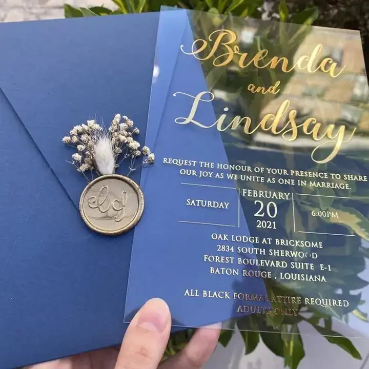 Custom Wedding Party Event Card Wedding Acrylic Invitation Cards Personalized Wedding invitations with Wax Seal GreeneryWedding