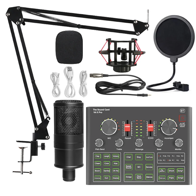 
BM800 Condenser Microphone Sound Card V9X PRO Mixer Live Broadcast Recording Set Mic Phone K Song Computer Karaoke Sing 