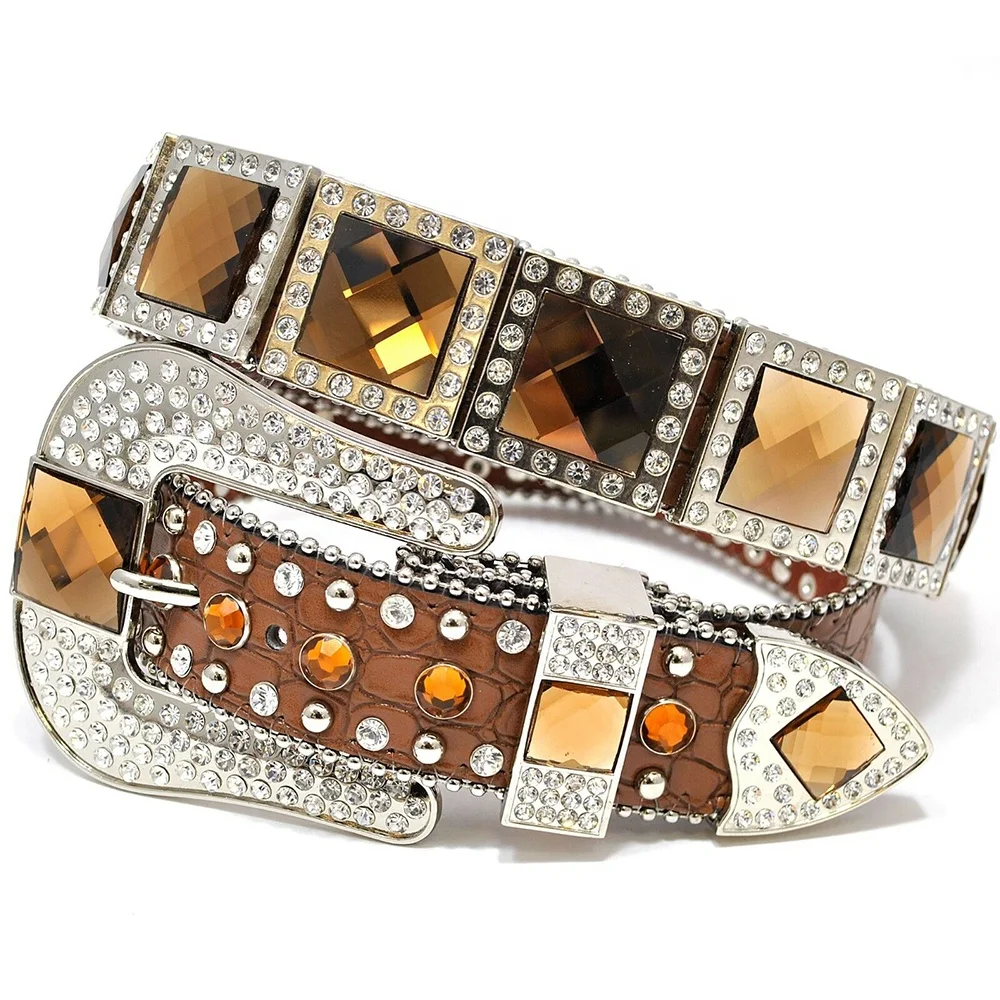 Custom Logo Crocodile Pattern Leather Western Brown Square Rhinestone Gemstone Concho Belt Rhinestone Removable Buckle For Women