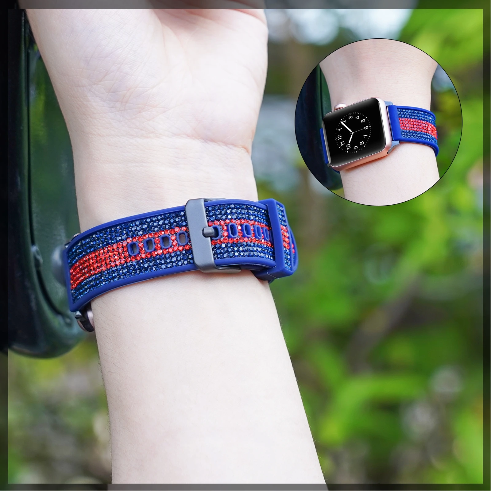 Custom Luxury Metal Buckle Watch Band Replacement Wristband with zircons Silicone soft Straps for Apple