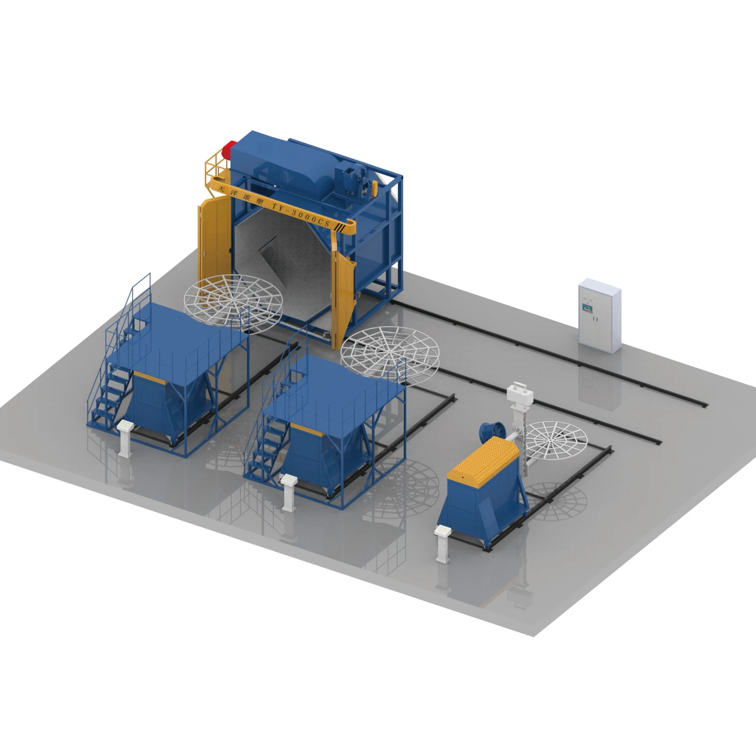 Multi-arm rotomolding machine for water tank manufacturing