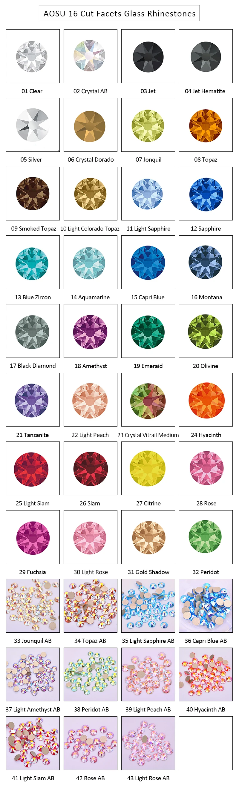 AOSU High Quality 16 Cut Facets SS16 SS20 SS30 AB Crystals Non Hotfix Strass Flatback Glass Rhinestones For Jewelry