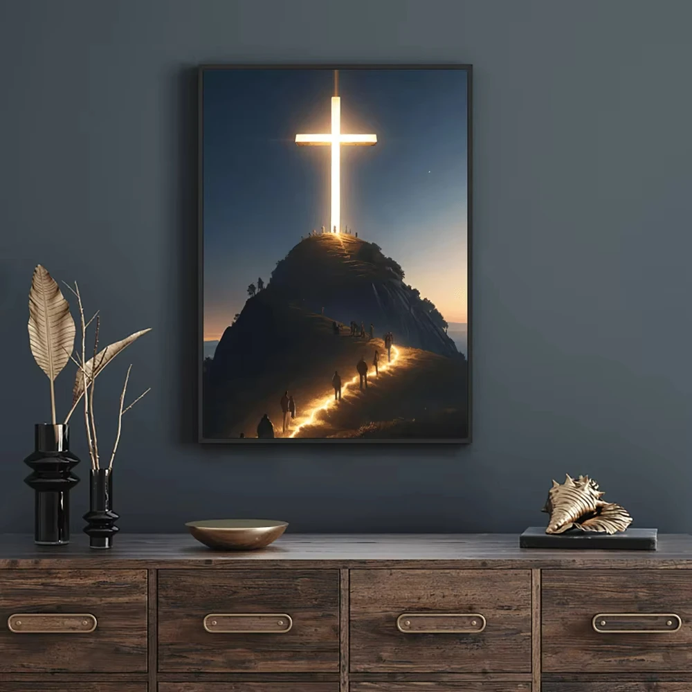 Modern Christian Cross On The Top Of The Mountain Wall Art Jesus Believers Posters Home Church Decor Canvas Print Oil Painting