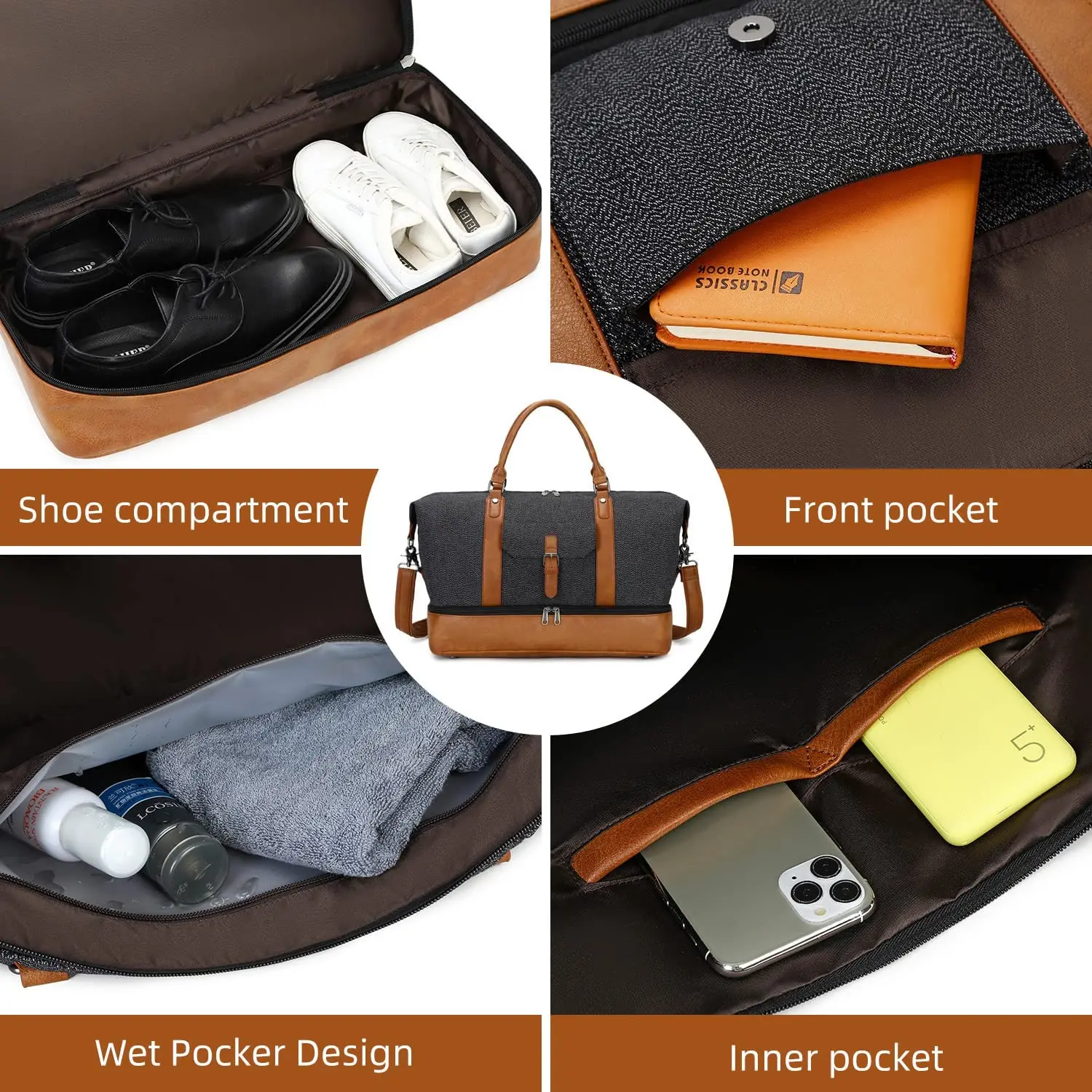 Leather material Canvas Travel Duffel Bag Overnight Weekender Bag Carry Shoulder Bag with Shoes Compartment